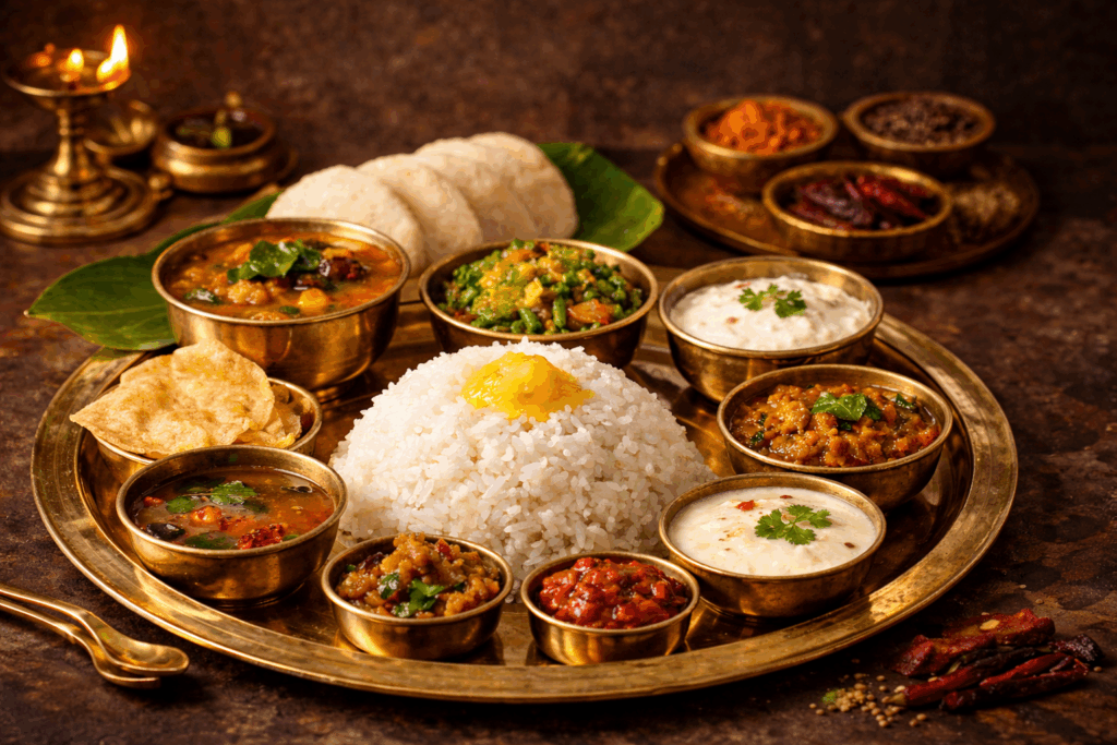 A Plate Full of Comfort: The Magic of South Indian Food Traditional South Indian cooking ingredients including curry leaves, mustard seeds, and coconut